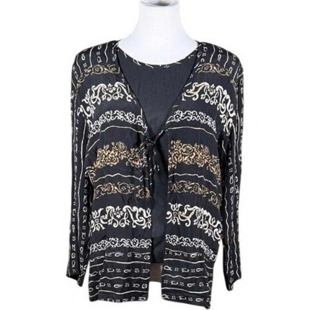 Rafael Womens Black Gold Floral Scroll Print Rayon Twin Set Cardigan Tank Size M